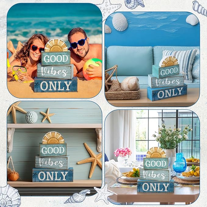 Lineshading 4 Pcs Summer Beach Table Decor Good Vibes Only Wooden Sunshine | Rustic Wooden Coastal Style, California Beach Vibes, Tiered Tray Centerpiece for Living Room, Positive Message Display