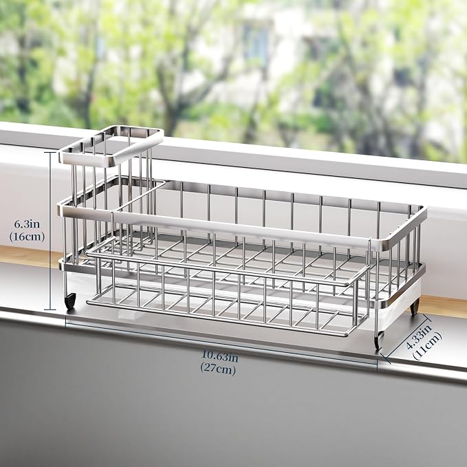 Consumest Sponge Holder for Kitchen Sink - Auto Draining Sink Caddy Organizer with Detachable Rack, High Brush Holder, Kitchen Countertop Storage Accessories, Silver-Extra Large