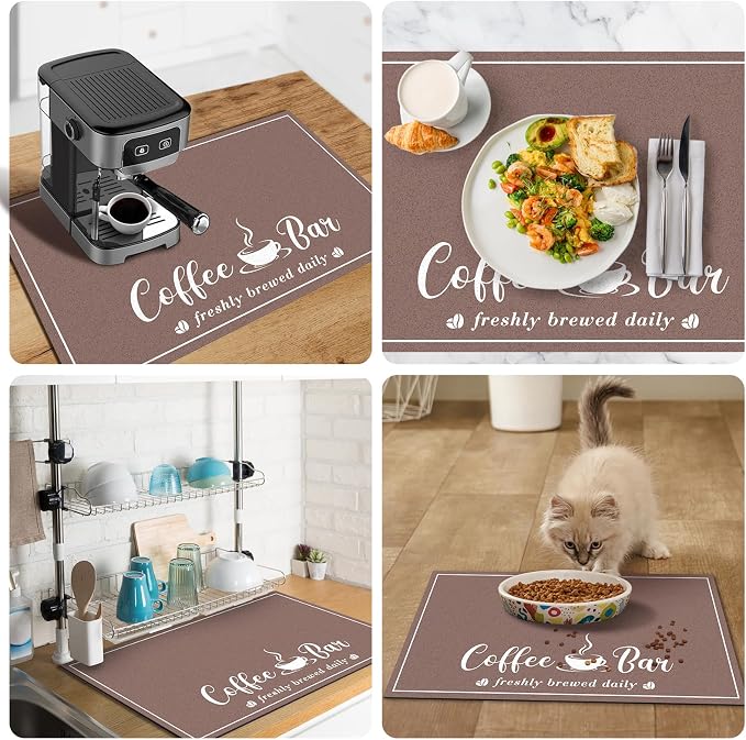 CooRug Fashion Coffee Mat, Dish Drying Mat 12" x 20" Brown | Hide Stain, Absorbent, Coffee Bar Accessories, Heat Resistant, Non-slip, Eco-friendly, Easy to Clean