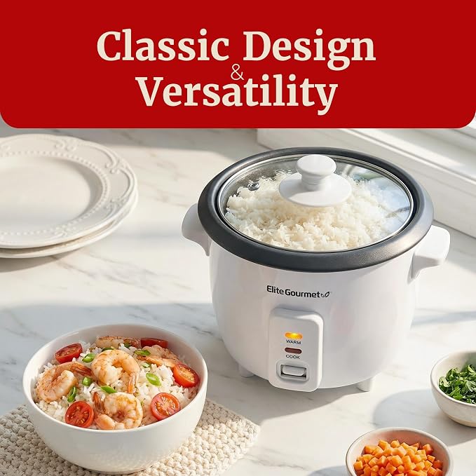 Elite Gourmet ERC003NSTX Rice Cooker & Food Steamer, Non-Stick Pot, White | Keep Warm - Glass Lid - Steam Tray Included - One-Touch Cooking - Includes Measuring Cup and Rice Scoop