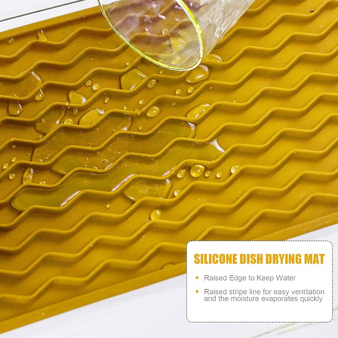Silicone Dish Drying Mat, Non-Slip Easy Clean Sink Mat, Yellow, 12" x 6" | Quick-Dry Ridges, Large Heat-resistant Dish Drainer Mat for Kitchen Counter, Hangable & Roll-Up for Storage, Dishwasher Safe