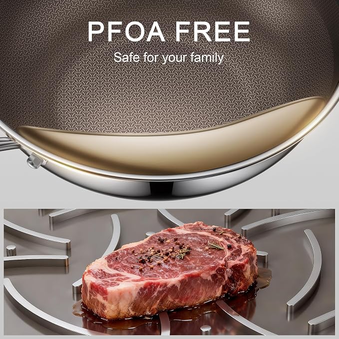 12.5-Inch Hybrid Stainless Steel Wok Pan with Lid, Laser-Textured Nonstick Stir Fry Pan, PFOA-Free, Induction Compatible, Oven & Dishwasher Safe for All Cooktops