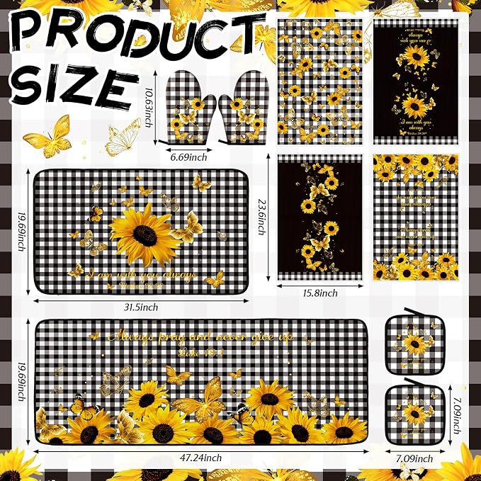 Fourluoo 10 Pcs Sunflower Kitchen Decor and Accessories Black and White Buffalo Plaid Kitchen Towels Rugs Oven Mitts and Pot Holders Set Sunflower Decorations Set for Cooking Baking Grilling Mom Gift