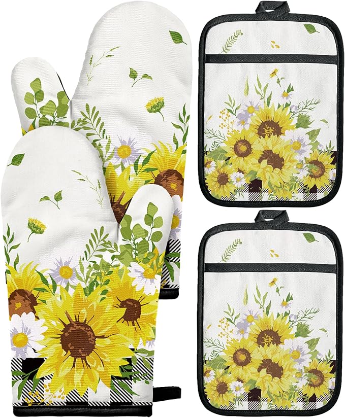 Miss Adola Cotton Oven Mitts and Pot Holders Sets, Sunny Bloom | Heat-resistant up to 350°F, Pure Cotton, Quilted Contact Surface, Stylish Design, with Hanging Loop, Ready to Gift Package