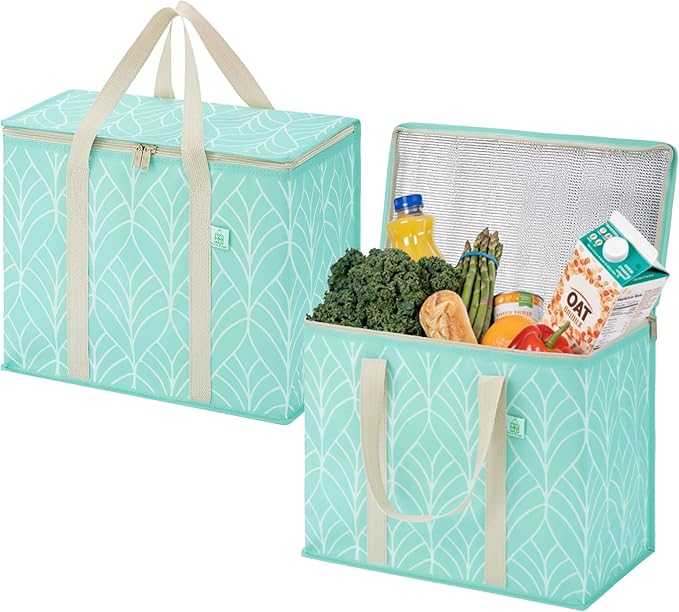 VENO 2 Pack Insulated Cooler Bag Reusable Grocery Bag for Food Delivery | Heavy Duty Large Collapsible Cooler Shopping Tote w/ Zippers, Foldable, Stands Upright for Camping Picnic(Evergreen, 2 Pack)