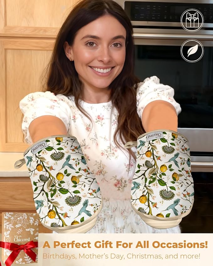 100% Thick Cotton Mini Oven Mitts Silicone Grip Lemon & Birds | Elegant Classic Oven Mitts for Women, Machine Washable, Non-Slip, Reversible Design Fits Both Hands, Stylish Kitchen Decor