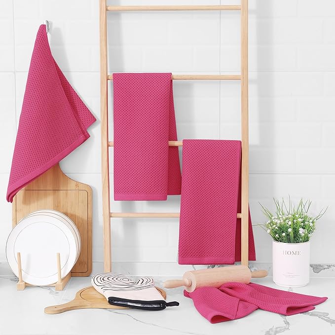Homaxy 100% Cotton Waffle Weave Kitchen Dish Towels 4-Pack, Hot Pink | 13 x 28 Inches, Ultra Soft Absorbent Dish Towels, Quick Drying Cleaning Towels