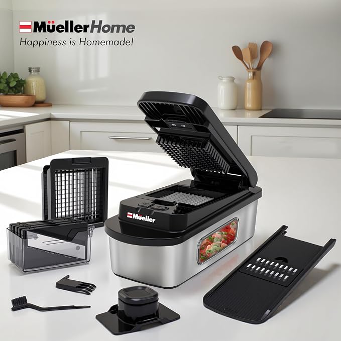 MUELLER HOME Pro-Series 10-in-1 Stainless Steel Multi Vegetable Chopper | 8 Blade Mandoline Slicer, Kitchen Tools and Gadgets, Food and Veggie Chopper, Mincer, Dicer, French Fry Cutter, Black