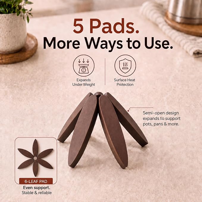 MINARAI-Wooden Trivets for Hot Dishes,5-Pads,Silicone Spoon Holder Included | Protects Countertops From Hot Pots, Pans And Teapots. Top Holiday Gifts