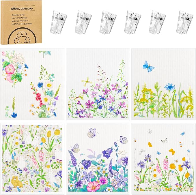 6 Pack Spring Floral Swedish Dishcloths for Kitchen, Absorbent Dish Cloths | Swedish Rags Dish Towels with Adhesive Clips, Reusable Paper Towels No Odor for Cleaning Sink Kitchen