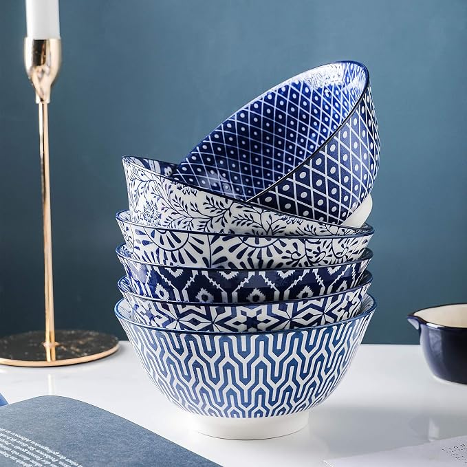Selamica Blue and White Porcelain 20oz Cereal Bowl Set - Set of 6, 6 inch Soup Bowls, Ceramic bowls for Cereal, Soup, Salad and Pasta, Vintage Blue | Ceramic bowls for Cereal, Soup, Salad and Pasta