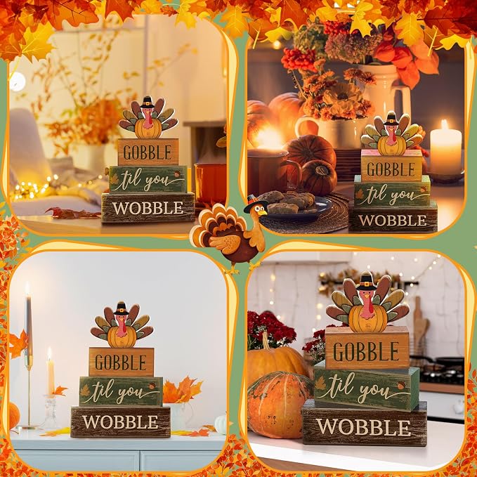 Lineshading Wooden Turkey Thanksgiving Decor Gobble Fall Table Sign Rustic | Stacked Blocks with Wobble Phrase, Rustic Farmhouse Style for Tiered Tray Centerpiece, Harvest Autumn Kitchen Table Accents