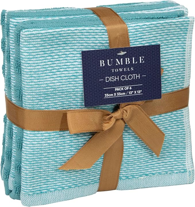 Bumble Premium Dish Cloths 13"x13" (6 Pack) | 100% Natural Ring Spun Cotton | 400 GSM | Highly Absorbent & Soft |Yarn Dyed & Solid Dyed Terry Dish Cloth Set - Aqua