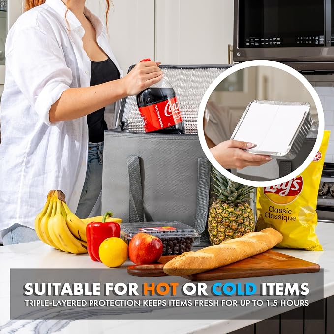 Carrywell (Not Made In China) Insulated Reusable Grocery Bags 2-Pack, Catering and Delivery Bag For Hot and Cold Food, Collapsible Thermal Tote For Doordash