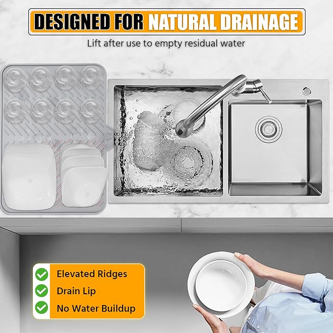 Silicone Dish Drying Mat with Built-in Drain Lip - Hygienic Drying Pad - Sturdy Compact Easy to Clean Tray Protects Surfaces Prevents Water Build Up - 23 X 17 (Grey)