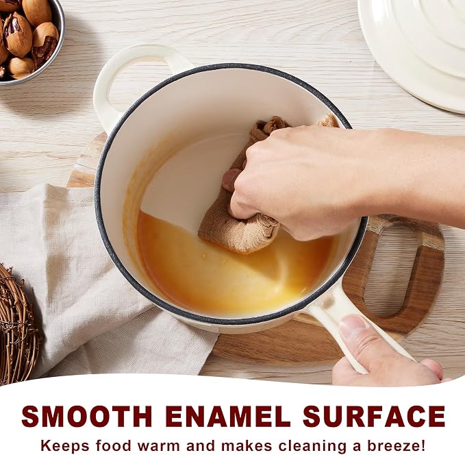 2Qt Enameled Cast Iron Sauce Pan, Leonyo Dutch Oven Pot with Lid, Non Stick Cooking Simmer Pots Induction Kitchen Cookware for All Cooktops Baking Bread, Soup, Ramen - Up to 500°F, Cream White