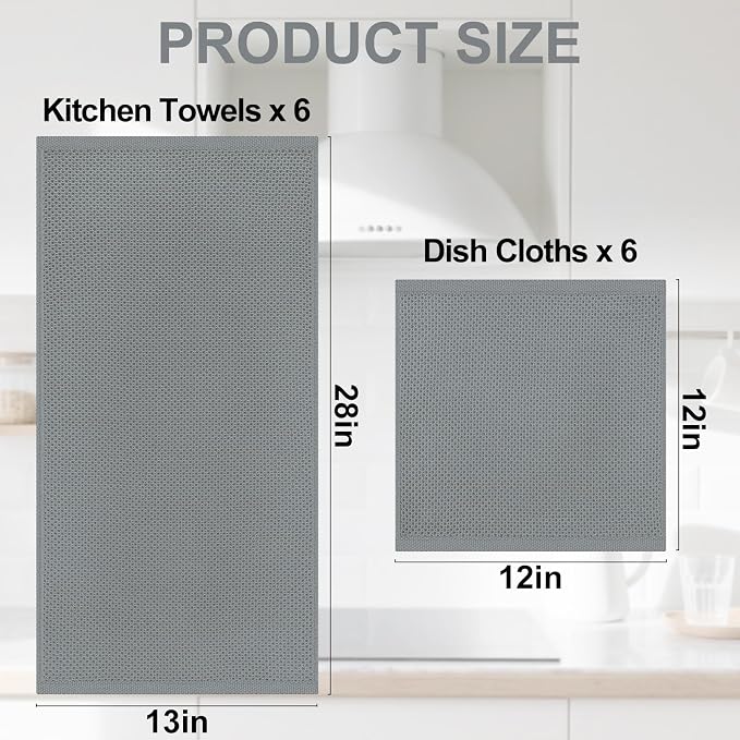 Homaxy 12 Pack 100% Cotton Kitchen Towels and Dishcloths Set, Grey | 12 x 12 Inches and 13 x 28 Inches Kitchen Towels Set, Ultra Soft Absorbent Dish Cloths for Washing Dishes