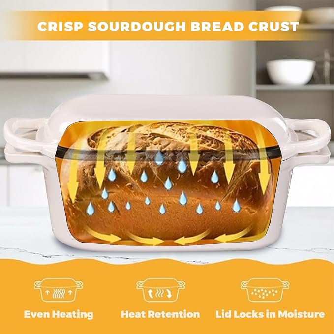 4.6 Quart Dutch Oven for Sourdough Bread Baking | Oval Bread Dutch Oven with Lid, Cast Iron Bread Pan for Crispy Crust, Steam Baking Design for Artisan Homemade Loaves, White