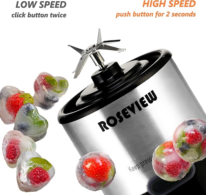 Portable Smoothie Blender ROSEVIEW Glass Cordless Mini Shakes Cup blend for smoothies USB rechargeable juicer 2 battery Handheld Personal travel Jet mixer (Black Steel) (Stainless)