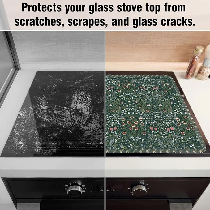Boho Glass Stove Top Cover for Electric Stoves,Vintage Floral Farmhouse Stove Top Cover for Kitchen Decor,Heat Resistant Cooktop Protector Mat,Non-Slip Washable Dish Drying Mat 28"x20"