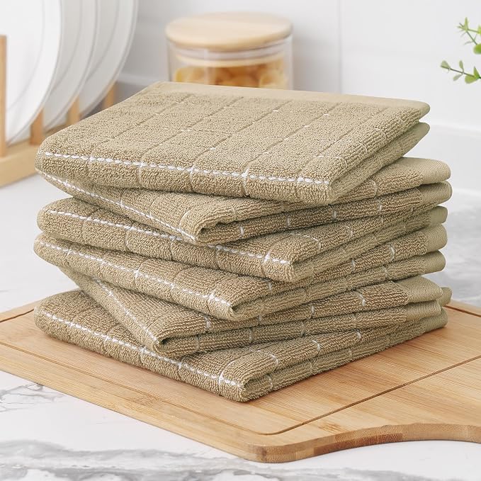 Homaxy 100% Cotton Terry Kitchen Dish Cloths, 8 Pack, Tan | Ultra Soft and Absorbent, Suitable for Drying and Washing Dishes
