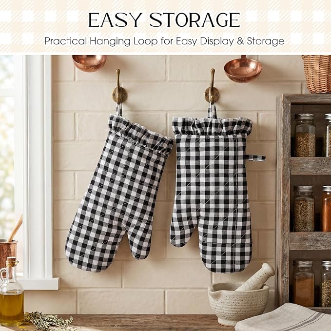 Twistover Checkered Oven Mitts 2-Pack Set, Cotton Gloves,Black | 13.5x6.5 Inch Size with Ruffle Trim, Non-slip Heat Resistant for Baking BBQ Microwave, Plaid Cotton for Cooking