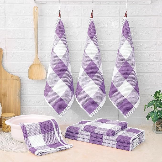 Homaxy Kitchen Towels and Dishcloths Set, Set of 8, White & Purple | Bulk Cotton Waffle Weave Check Plaid Kitchen Towels, Super Soft and Absorbent Dish Cloths, 12 x 12 and 13 x 28 Inches
