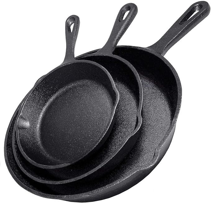 Cast Iron Skillet 3-Piece Set w/Cookbook - Heavy-Duty Professional Restaurant Chef Quality Pre-Seasoned Pan Cookware - 10", 8", 6.25" Pans - For Frying, Saute, Cooking, Pizza - Black