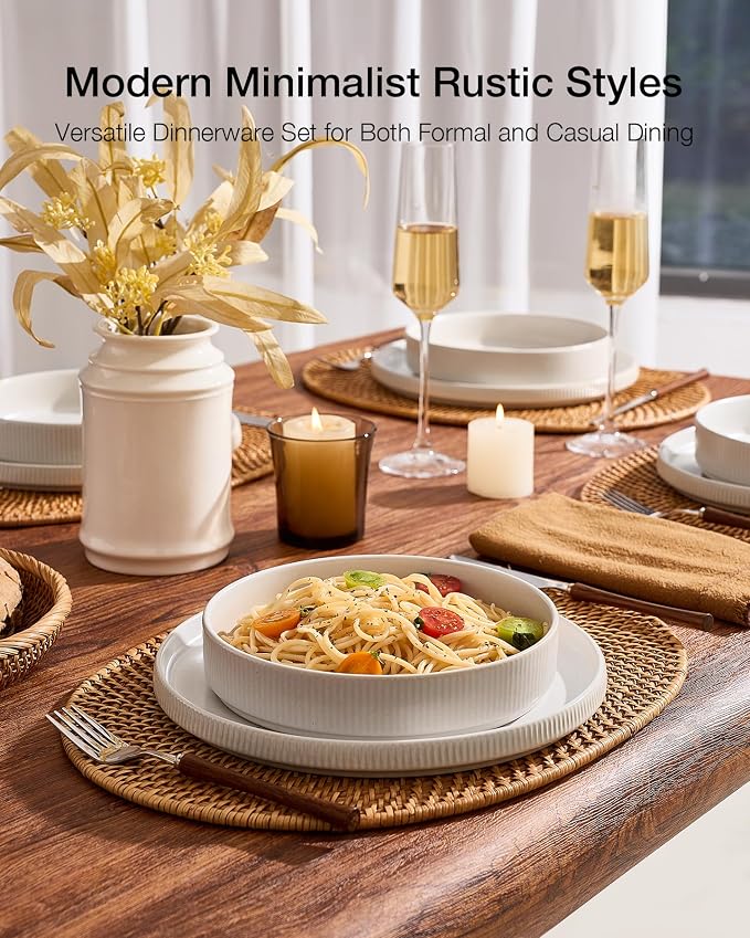 Famiware Star Stoneware Dinnerware Sets, 8-Piece Dishes for 4, Matte White | 7.5" Shallow Pasta Bowls & 10.5" Flat Dinner Plates, Everyday Dining, Chip & Scratch Resistant, Microwave & Dishwasher Safe
