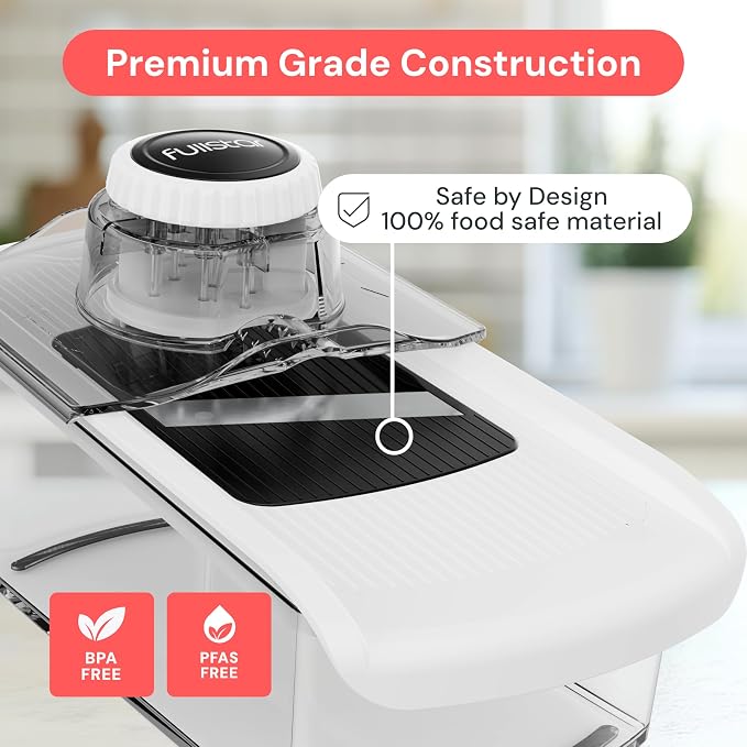 Fullstar Pro Mandoline Vegetable Slicer, Grater & Spiralizer with Container | 6 in 1 Fruit Cutter, Cheese Grater & Spiralizer with Safety Gloves, Stainless Steel Blades & Container (White)