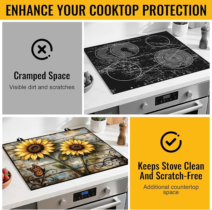 NYZE Stove Cover for Glass Top Stoves, Extra Counter Space 28" x 20" Rustic Sunflower Decorative Cooktop Protector, Heat Resistant Mat Pad for Kitchen Organization