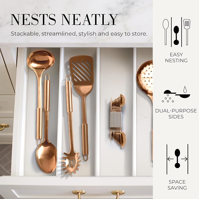 Styled Settings Copper Measuring Spoons Set with Leveler, 8-Piece | Double-Sided Nesting Magnetic Measuring Spoons, Stackable & Spice Jar Friendly -Stylish Copper Kitchen Accessories for Baking