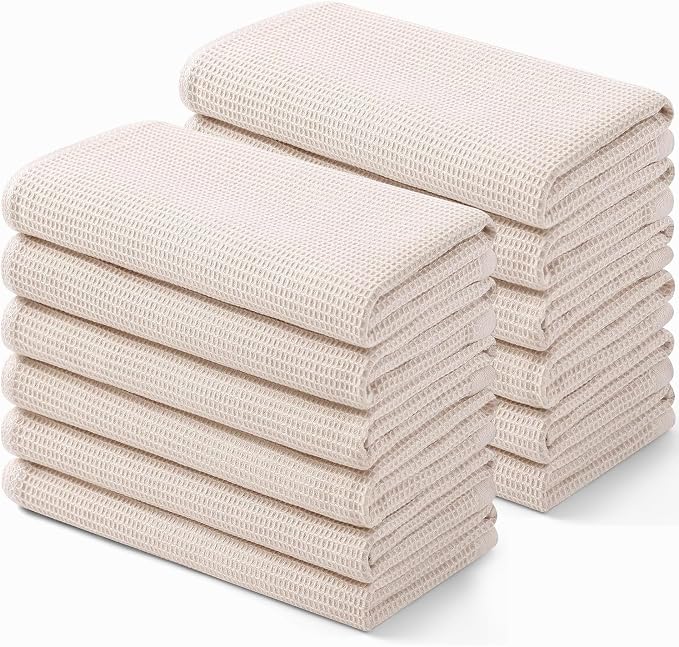 Homaxy 100% Cotton Waffle Weave Kitchen Towels, 12 Pack, Beige | Soft and Absorbent Dish Towels, 16 x 26 Inches Quick Dry Hand Towels