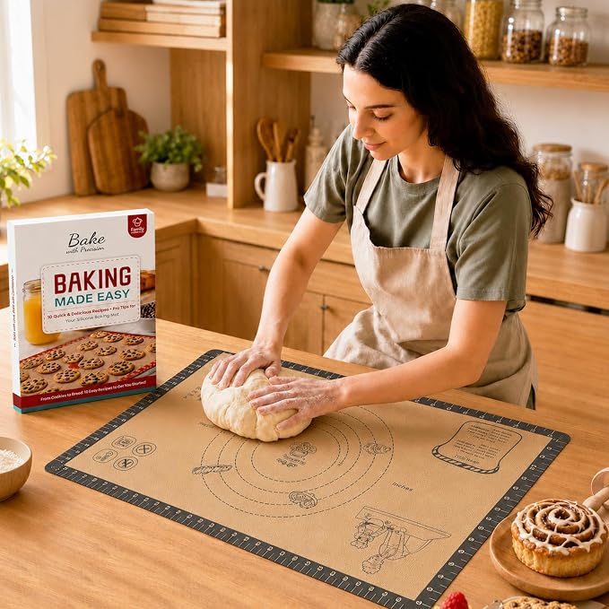 Silicone Baking Mat with 10 Quick Recipes, Extra Thick Silicone Mats for Baking, Non Stick Pastry Mat,Reusable kneading Dough Rolling Mat for Cookie, Macaron, Bread, Pizza-Tutorial Video Included