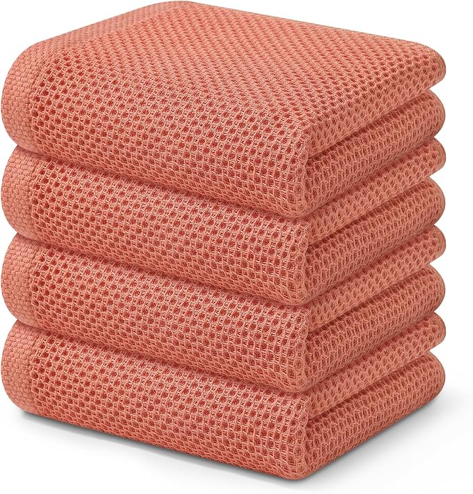 Kitinjoy 100% Cotton Waffle 4-Pack Kitchen Towels, 13" x 28", Coral | Super Soft, Ultra-Absorbent, Fast Drying, lightweight, Quick Drying Kitchen Hand Towels