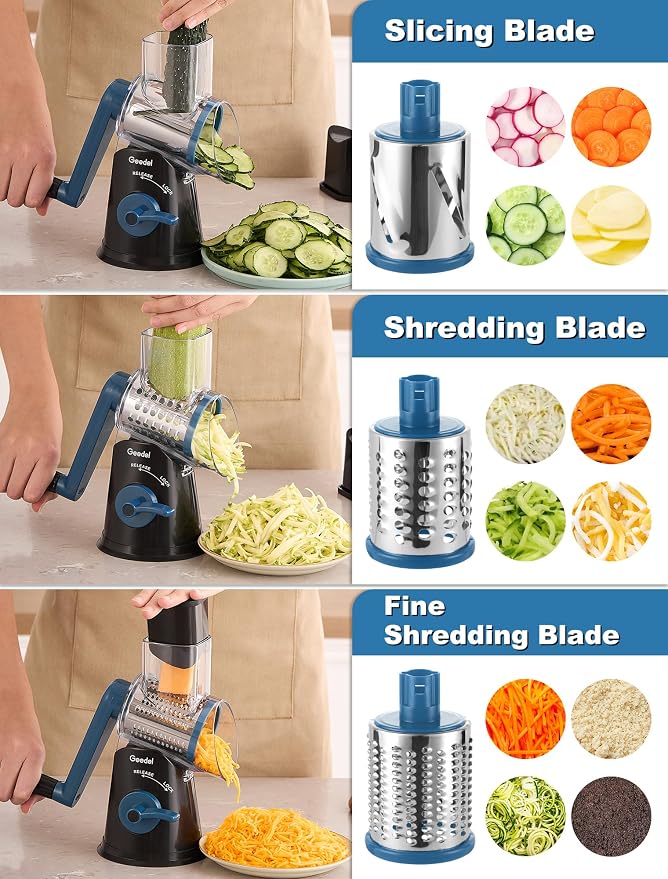 Geedel Rotary Cheese Grater Hand Crank, Cheese Shredder Vegetable Slicer | 5 Blades, 430 Stainless Steel, 12x Fast Cutting, Strong Suction Base, No BPA, Dishwasher Safe, for Cheese, Veggie, Nut