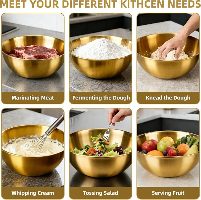 3-Set Stainless Steel Golden Mixing Bowls Set (8.26"+7.1"+6.3"), Metal Bowl with Measurement Marks, Dishwasher Safe & Stackable - Perfect for Baking, Salad Making, Meal Prep and Kitchen Use