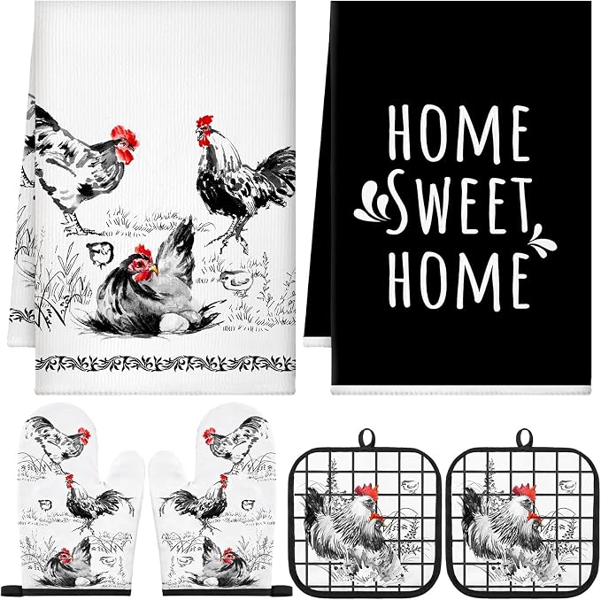 Leinuosen 6 Ink Rooster Farmhouse Kitchen Decor Dish Towels Oven Mitts and Pot Holders Sets Chicken Kitchen Towels Absorbent Decorative Accessories for Cooking Baking Grilling
