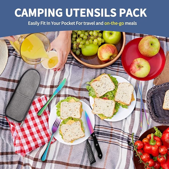 Logcow Travel Utensils Set with Case, 10-Piece Reusable Stainless Steel Camping Cutlery, Portable Fork Spoon Knife Chopsticks & Straw for Work, Lunch, Picnic (Rainbow)
