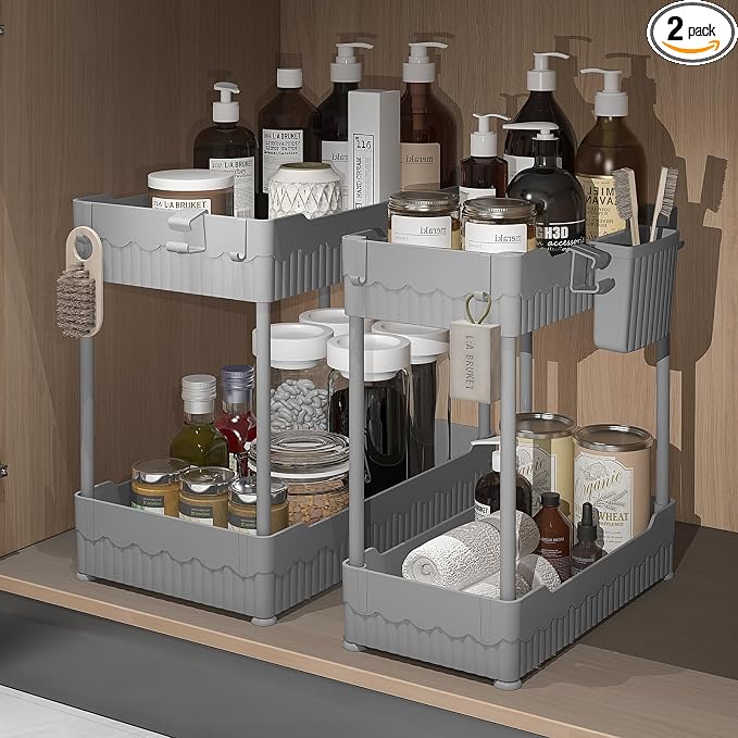 2-Pack Under Sink Organizer with Hooks & Hanging Cup for Kitchen | Multi-use kitchen & bathroom storage, 14.8 inch grey cabinet organizer, with hooks and hanging cup for easy access.