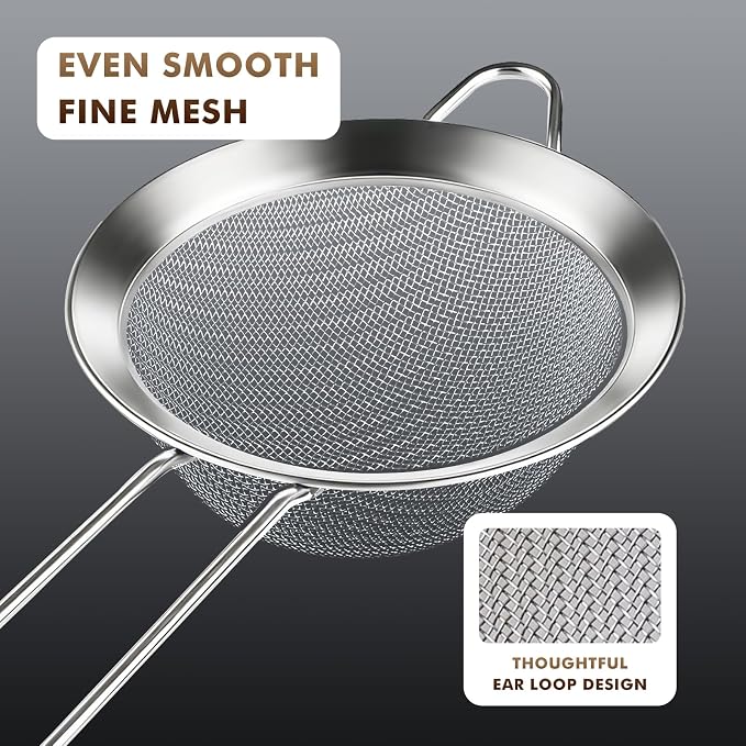 NileHome 3 Piece Mesh Strainers, Stainless Steel Strainer for Sifting, Straining, Cooking Kitchen Strainers Fine Mesh for Flour, Pasta, Loose Tea, Fruit, and Rice, Silver(2.8"+4.6"+6.3")
