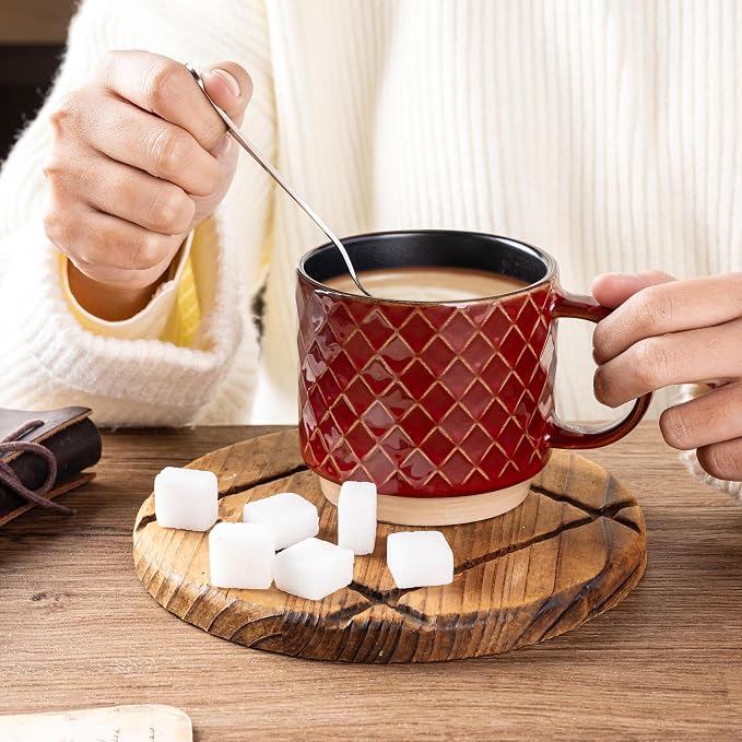 GBhome 12 OZ Stackable Coffee Mugs Set of 4, Ceramic Coffee Cups Set | 4 Assorted Designs, Embossed Mugs with Texture Patterns for Tea/Coffee, Dishwasher&Microwave Safe, Red