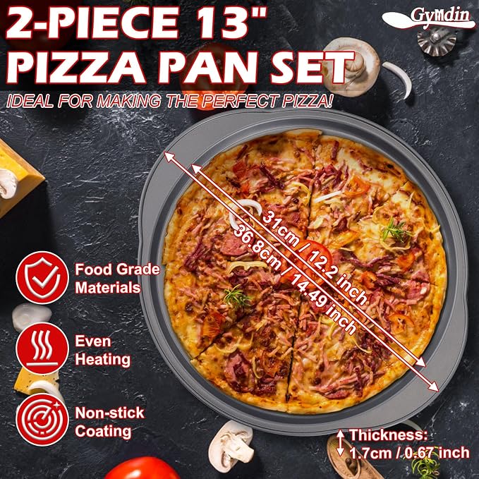 13" Round Pizza Pan for Oven, 2 Pack | Non-stick Carbon Steel, With Holes, Handle, Easy to Clean, Oven Safe