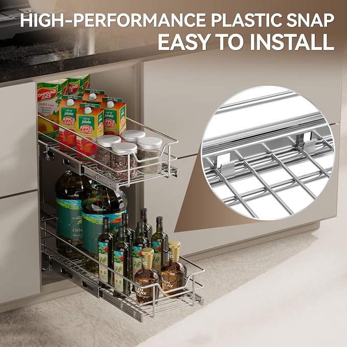 2 Tier Pull Out Cabinet Organizer 15" W X 17" D, Chromed, Full Slide Out | For Kitchen Organizers and Storage, Pull Out Drawers For Cabinets Capacity Heavy Duty Caddy, Cabinet Shelves, Bathroom Pantry