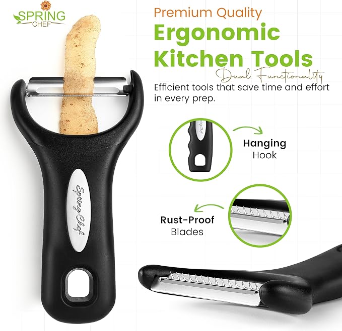 Spring Chef 3pcs Vegetable Peelers for Kitchen, Swivel, Y & Julienne Peeler | Premium Stainless Steel Potato Peelers with Soft Grip Handles, Ultra Sharp Blades for Fruits, Veggies, Apples, Carrots