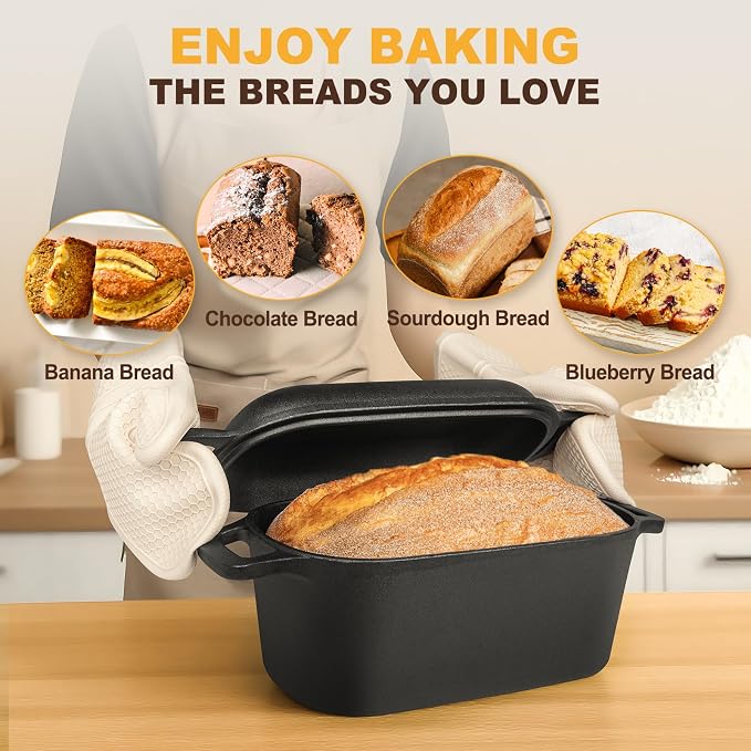 7QT Oval Dutch Oven for Sourdough Bread Baking, Pre-Seasoned Cast Iron Bread Pan with Lid, Even Heat Distribution for Homemade Bread