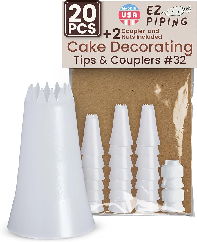 Reusable Plastic Piping Tips, Nozzles Standard Size Star Tip #32 (20pcs) | EZPiping Icing Nozzles with 2 couplers for Cake Decoration and Dessert Design, Baking Supplies Base Ø 0.75" Height 1.25"