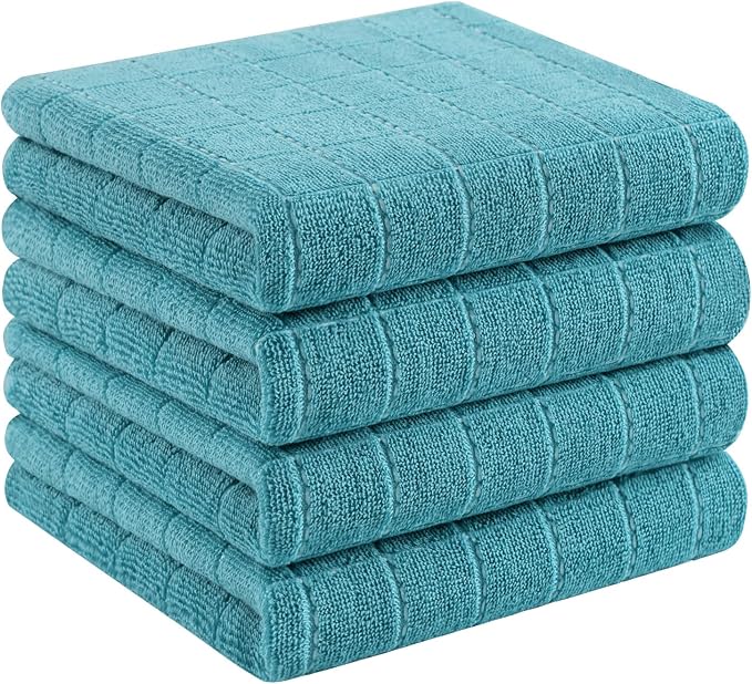 Homaxy 100% Cotton Terry Kitchen Towels, 4 Pack, Lake Blue | Ultra Soft and Absorbent Dish Towels for Kitchen, Suitable for Drying and Washing Dishes