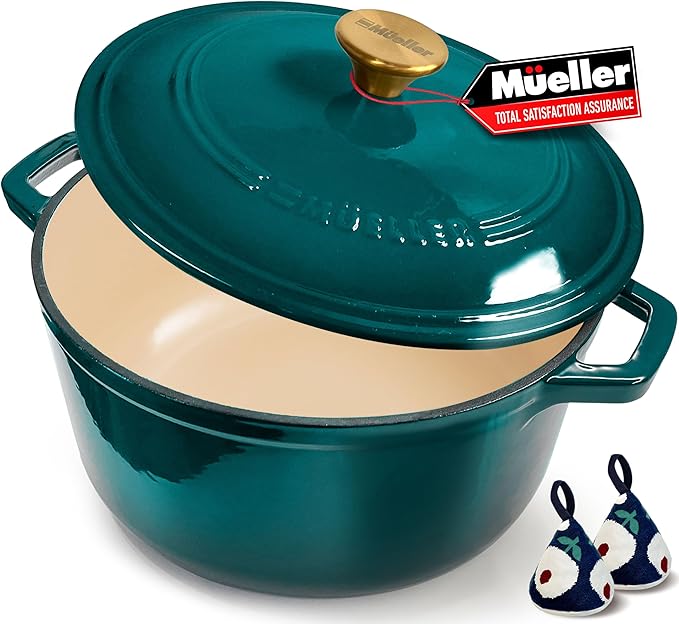 Mueller DuraCast 6 Quart Enameled Cast Iron Dutch Oven Pot with Lid | Sourdough Bread Baking, PFOA-Free, 500°F Oven Safe - All Cooktops incl. Induction, Braising & Slow Cooking, Emerald