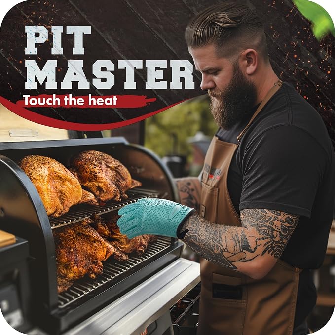 KITCHEN PERFECTION Silicone Smoker BBQ Gloves - Heat Resistant Oven Mitts | Waterproof, 5-Finger Design For A Better Grip, for Pitmasters, Meat Smoking, Grilling, Cooking, Frying Turkey | Grill Gift